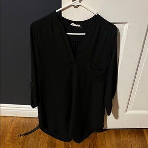 Lush Black V-Neck Roll-Tab Sleeve Blouse
